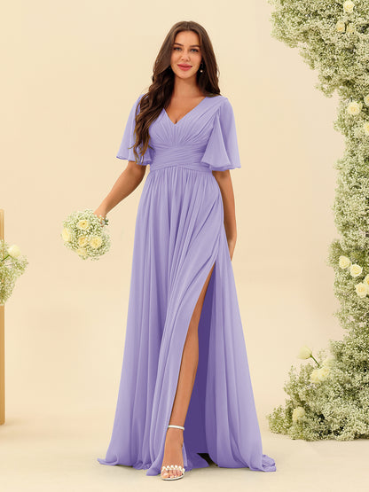 Robes de Demoiselle d'Honneur Trapèze En Mousseline à Col en V avec Poches & Demi-Manches