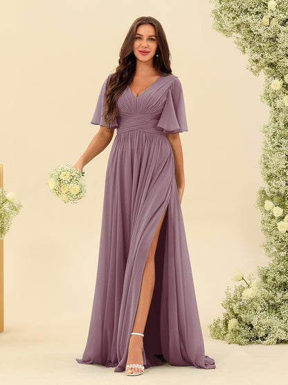 Robes de Demoiselle d'Honneur Trapèze En Mousseline à Col en V avec Poches & Demi-Manches