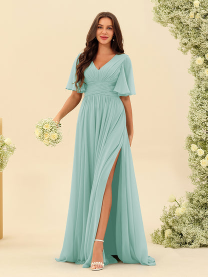 Robes de Demoiselle d'Honneur Trapèze En Mousseline à Col en V avec Poches & Demi-Manches
