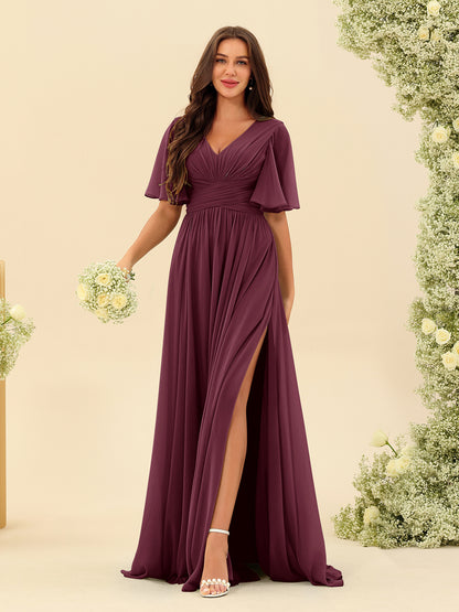 Robes de Demoiselle d'Honneur Trapèze En Mousseline à Col en V avec Poches & Demi-Manches