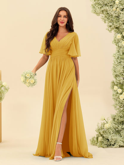 Robes de Demoiselle d'Honneur Trapèze En Mousseline à Col en V avec Poches & Demi-Manches