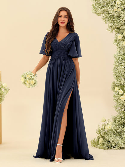 Robes de Demoiselle d'Honneur Trapèze En Mousseline à Col en V avec Poches & Demi-Manches