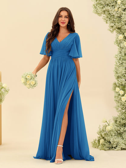 Robes de Demoiselle d'Honneur Trapèze En Mousseline à Col en V avec Poches & Demi-Manches