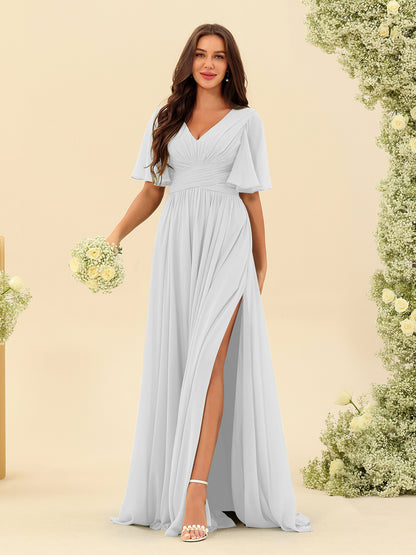 Robes de Demoiselle d'Honneur Trapèze En Mousseline à Col en V avec Poches & Demi-Manches