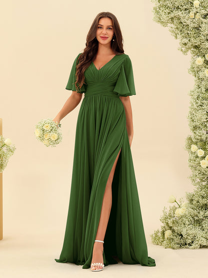 Robes de Demoiselle d'Honneur Trapèze En Mousseline à Col en V avec Poches & Demi-Manches