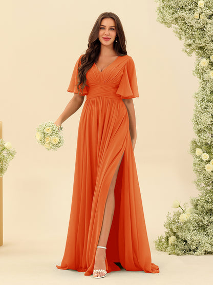Robes de Demoiselle d'Honneur Trapèze En Mousseline à Col en V avec Poches & Demi-Manches