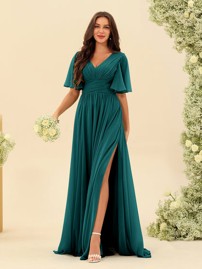 Robes de Demoiselle d'Honneur Trapèze En Mousseline à Col en V avec Poches & Demi-Manches