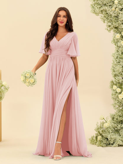 Robes de Demoiselle d'Honneur Trapèze En Mousseline à Col en V avec Poches & Demi-Manches