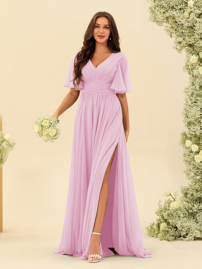 Robes de Demoiselle d'Honneur Trapèze En Mousseline à Col en V avec Poches & Demi-Manches