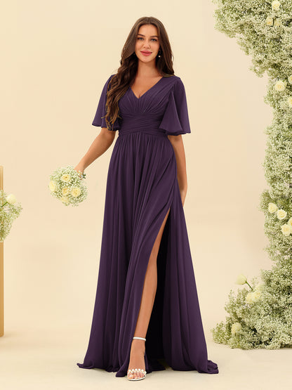 Robes de Demoiselle d'Honneur Trapèze En Mousseline à Col en V avec Poches & Demi-Manches