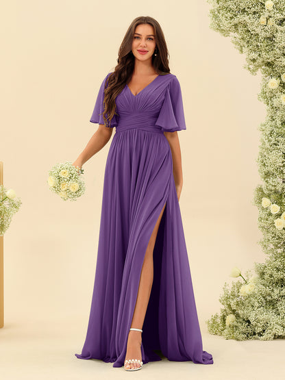 Robes de Demoiselle d'Honneur Trapèze En Mousseline à Col en V avec Poches & Demi-Manches