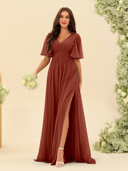 Robes de Demoiselle d'Honneur Trapèze En Mousseline à Col en V avec Poches & Demi-Manches