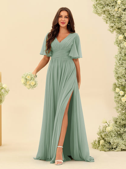 Robes de Demoiselle d'Honneur Trapèze En Mousseline à Col en V avec Poches & Demi-Manches