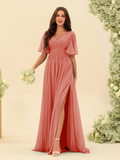 Robes de Demoiselle d'Honneur Trapèze En Mousseline à Col en V avec Poches & Demi-Manches