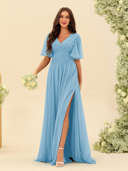 Robes de Demoiselle d'Honneur Trapèze En Mousseline à Col en V avec Poches & Demi-Manches