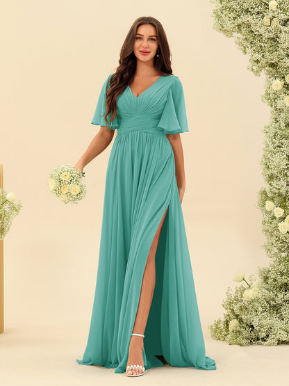 Robes de Demoiselle d'Honneur Trapèze En Mousseline à Col en V avec Poches & Demi-Manches