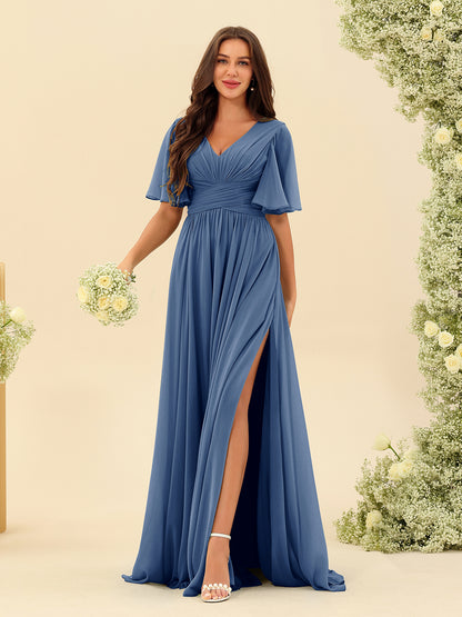 Robes de Demoiselle d'Honneur Trapèze En Mousseline à Col en V avec Poches & Demi-Manches
