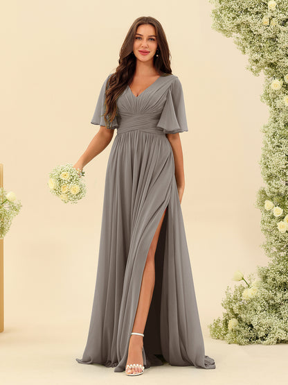 Robes de Demoiselle d'Honneur Trapèze En Mousseline à Col en V avec Poches & Demi-Manches