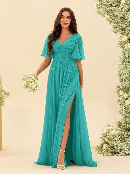 Robes de Demoiselle d'Honneur Trapèze En Mousseline à Col en V avec Poches & Demi-Manches