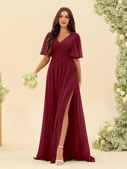Robes de Demoiselle d'Honneur Trapèze En Mousseline à Col en V avec Poches & Demi-Manches