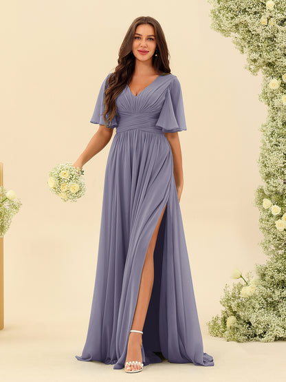 Robes de Demoiselle d'Honneur Trapèze En Mousseline à Col en V avec Poches & Demi-Manches