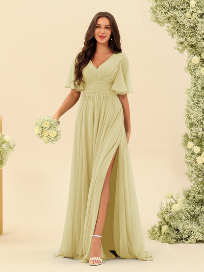 Robes de Demoiselle d'Honneur Trapèze En Mousseline à Col en V avec Poches & Demi-Manches