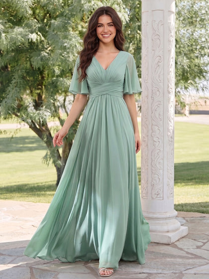 A-ligne col en V demi manches fendues côté mousseline robes d'invité de mariage avec Poches