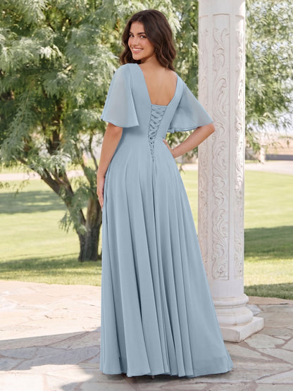 Robe d'invitée de mariage trapèze en mousseline, col en V, demi-manches, fente latérale avec poches