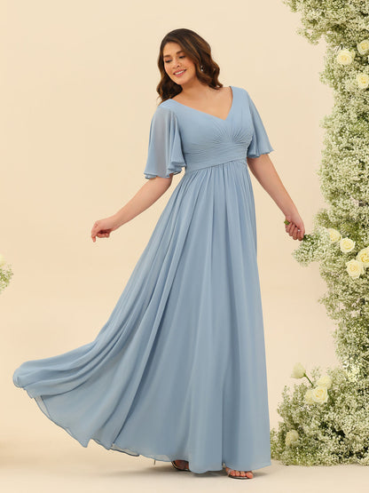 Robe de Demoiselle d'Honneur En Mousseline de Soie Grande Taille à Col En V et Manches Mi-Longues avec Fente Sur Le Côté
