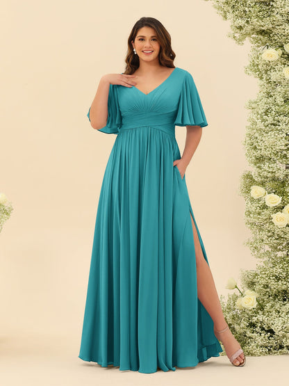 Robe de Demoiselle d'Honneur En Mousseline de Soie Grande Taille à Col En V et Manches Mi-Longues avec Fente Sur Le Côté