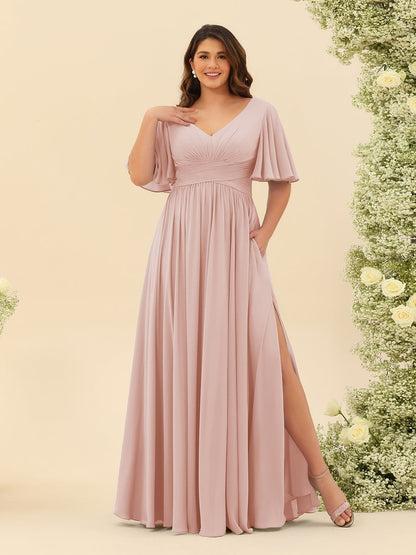 Robe de Demoiselle d'Honneur En Mousseline de Soie Grande Taille à Col En V et Manches Mi-Longues avec Fente Sur Le Côté