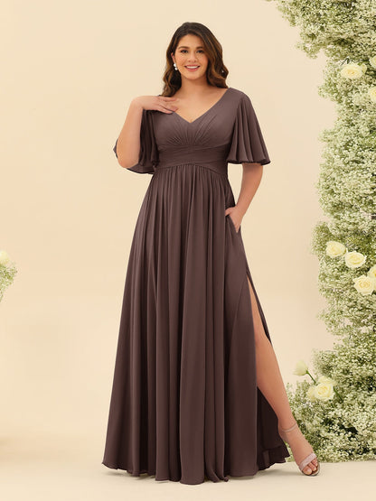 Robe de Demoiselle d'Honneur En Mousseline de Soie Grande Taille à Col En V et Manches Mi-Longues avec Fente Sur Le Côté