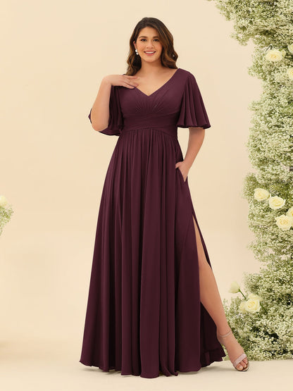 Robe de Demoiselle d'Honneur En Mousseline de Soie Grande Taille à Col En V et Manches Mi-Longues avec Fente Sur Le Côté