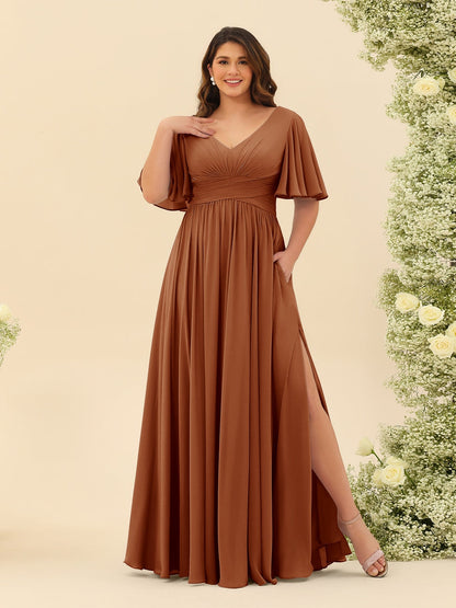 Robe de Demoiselle d'Honneur En Mousseline de Soie Grande Taille à Col En V et Manches Mi-Longues avec Fente Sur Le Côté
