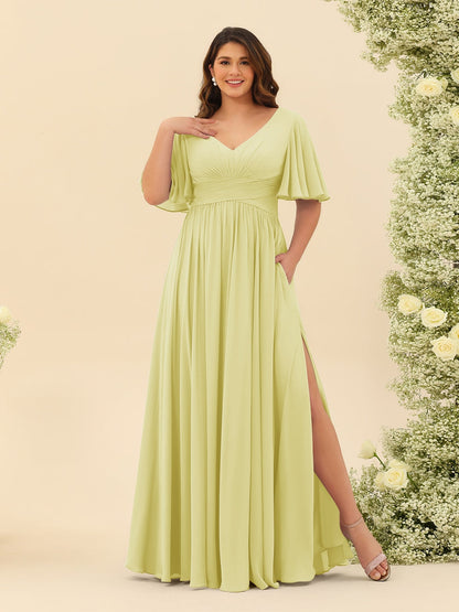 Robe de Demoiselle d'Honneur En Mousseline de Soie Grande Taille à Col En V et Manches Mi-Longues avec Fente Sur Le Côté