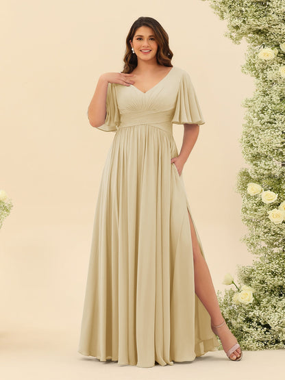 Robe de Demoiselle d'Honneur En Mousseline de Soie Grande Taille à Col En V et Manches Mi-Longues avec Fente Sur Le Côté