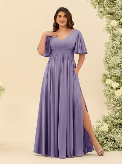Robe de Demoiselle d'Honneur En Mousseline de Soie Grande Taille à Col En V et Manches Mi-Longues avec Fente Sur Le Côté