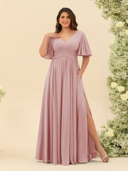 Robe de Demoiselle d'Honneur En Mousseline de Soie Grande Taille à Col En V et Manches Mi-Longues avec Fente Sur Le Côté