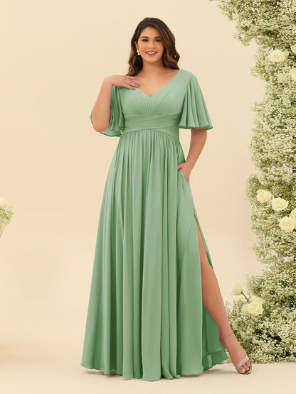 Robe de Demoiselle d'Honneur En Mousseline de Soie Grande Taille à Col En V et Manches Mi-Longues avec Fente Sur Le Côté