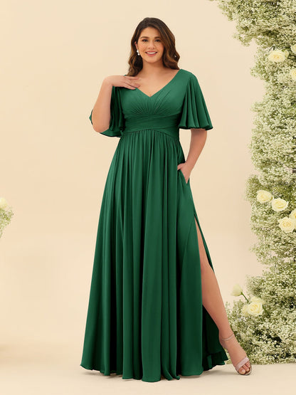 Robe de Demoiselle d'Honneur En Mousseline de Soie Grande Taille à Col En V et Manches Mi-Longues avec Fente Sur Le Côté