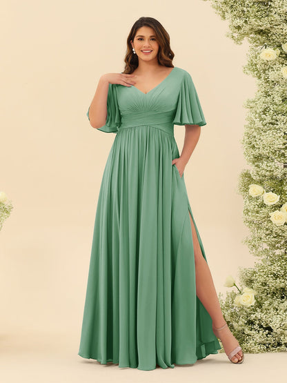 Robe de Demoiselle d'Honneur En Mousseline de Soie Grande Taille à Col En V et Manches Mi-Longues avec Fente Sur Le Côté