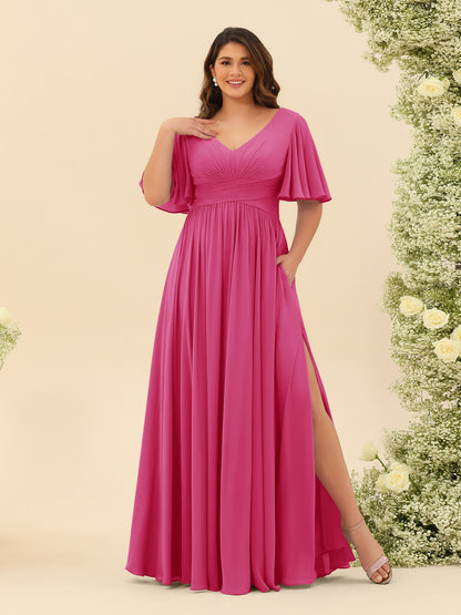 Robe de Demoiselle d'Honneur En Mousseline de Soie Grande Taille à Col En V et Manches Mi-Longues avec Fente Sur Le Côté