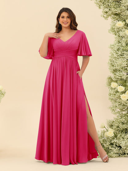 Robe de Demoiselle d'Honneur En Mousseline de Soie Grande Taille à Col En V et Manches Mi-Longues avec Fente Sur Le Côté