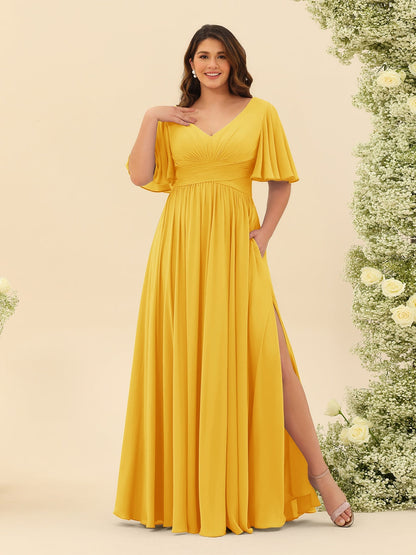 Robe de Demoiselle d'Honneur En Mousseline de Soie Grande Taille à Col En V et Manches Mi-Longues avec Fente Sur Le Côté