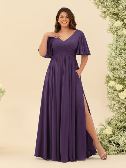 Robe de Demoiselle d'Honneur En Mousseline de Soie Grande Taille à Col En V et Manches Mi-Longues avec Fente Sur Le Côté