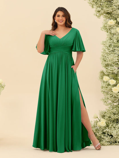 Robe de Demoiselle d'Honneur En Mousseline de Soie Grande Taille à Col En V et Manches Mi-Longues avec Fente Sur Le Côté