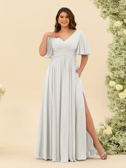 Robe de Demoiselle d'Honneur En Mousseline de Soie Grande Taille à Col En V et Manches Mi-Longues avec Fente Sur Le Côté