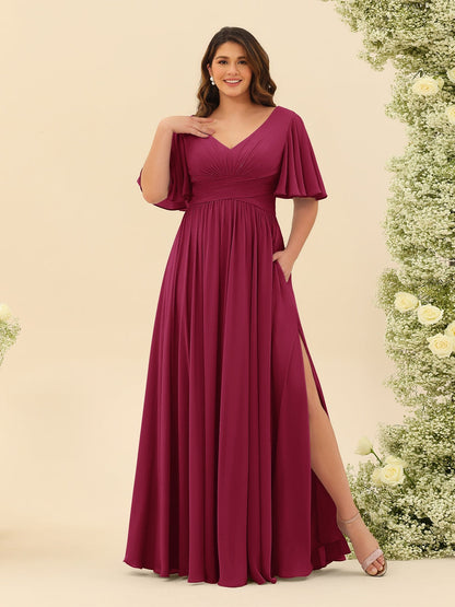 Robe de Demoiselle d'Honneur En Mousseline de Soie Grande Taille à Col En V et Manches Mi-Longues avec Fente Sur Le Côté