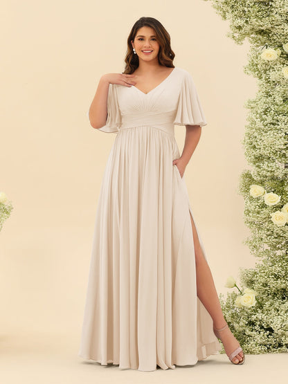 Robe de Demoiselle d'Honneur En Mousseline de Soie Grande Taille à Col En V et Manches Mi-Longues avec Fente Sur Le Côté
