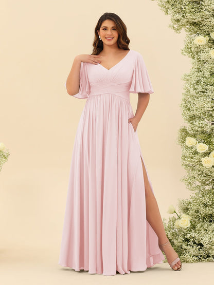 Robe de Demoiselle d'Honneur En Mousseline de Soie Grande Taille à Col En V et Manches Mi-Longues avec Fente Sur Le Côté